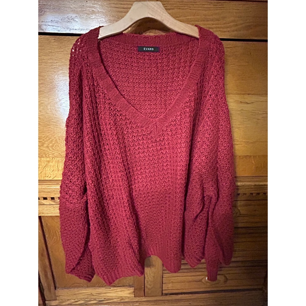 Evans Twee Women Plus Size 30/32 Red V-Neck Oversized Waffle Knit Sweater Berry